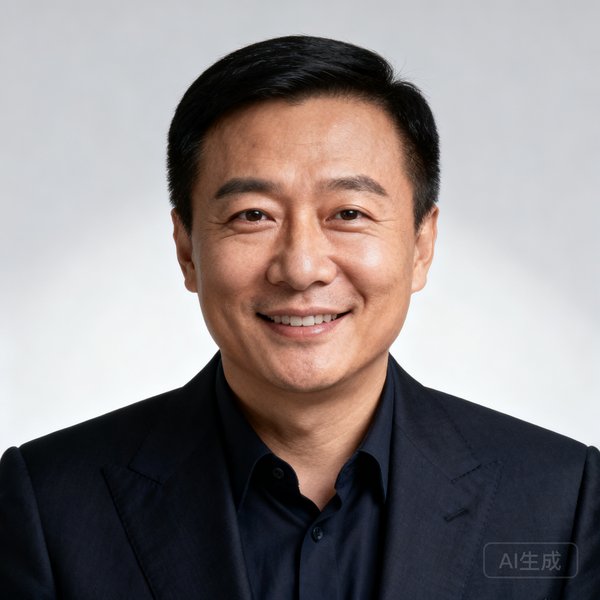 世界杯比分网创始人兼CEO李明远，45岁，前资深体育记者，身穿深色西装面带微笑的正面职业照片